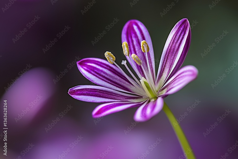 An exquisite close-up of a purple striped flower, revealing intricate details of its petals and delicate stamen with a soft blurred background emphasizing its beauty and uniqueness. An exquisite close-up of a purple striped flower, revealing intricate details of its petals and delicate stamen with a soft blurred background emphasizing its beauty and uniqueness.