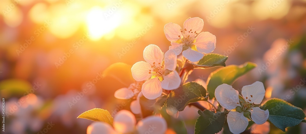 Sunset illuminating delicate white blossoms on a branch. Sunset illuminating delicate white blossoms on a branch.