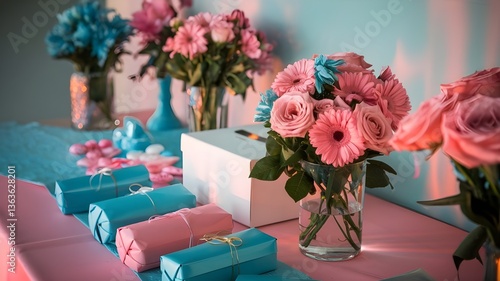 Floral table setting with wrapped gifts