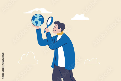 Global world economic analysis, international work opportunity, oversea research or investment country risk, region or foreign career searching concept, businessman analyze global world business.