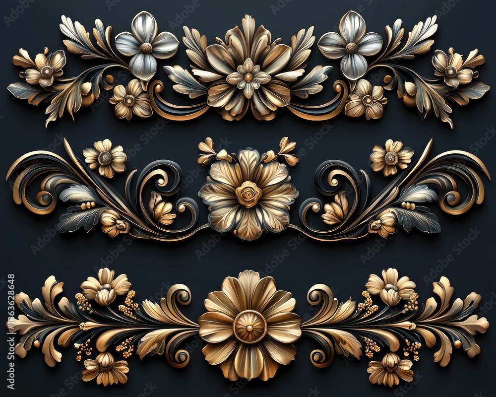 Ornate floral design featuring intricate gold and silver embellishments on dark background Ornate floral design featuring intricate gold and silver embellishments on dark background