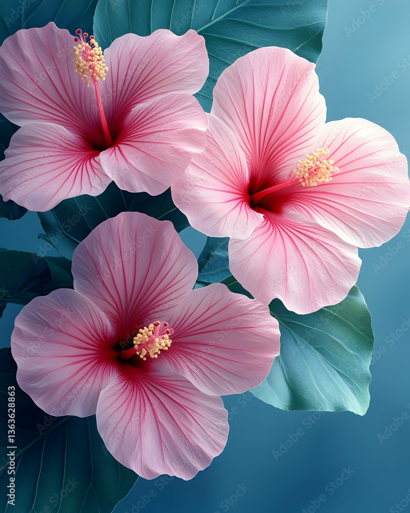 Three pink hibiscus blooms with leaves against a turquoise gradient background Three pink hibiscus blooms with leaves against a turquoise gradient background