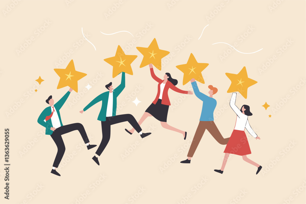 Customer experience, best score rating, client feedback or consumer review, 5 stars rating, like or positive survey, customer satisfaction concept, happy young adult customer holding 5 stars rating. Customer experience, best score rating, client feedback or consumer review, 5 stars rating, like or positive survey, customer satisfaction concept, happy young adult customer holding 5 stars rating.