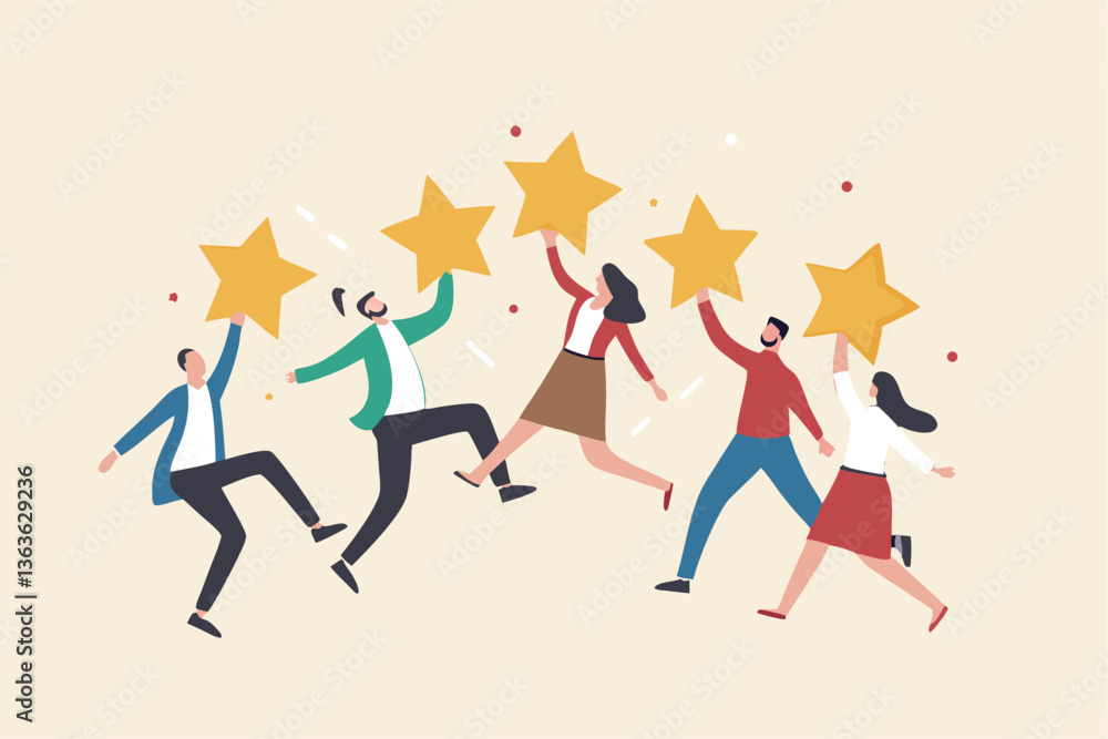 Customer experience, best score rating, client feedback or consumer review, 5 stars rating, like or positive survey, customer satisfaction concept, happy young adult customer holding 5 stars rating. Customer experience, best score rating, client feedback or consumer review, 5 stars rating, like or positive survey, customer satisfaction concept, happy young adult customer holding 5 stars rating.