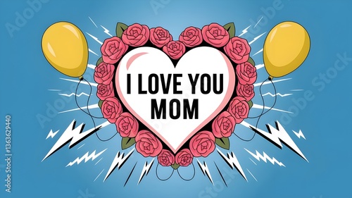 Cartoon heart with roses and balloons for mom