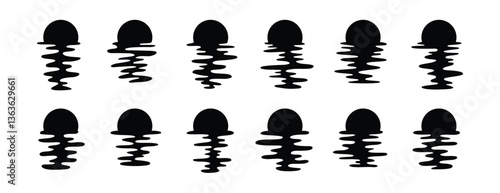 sun silhouettes set. Vector template sun reflection in water. Sunset and waves reflection.