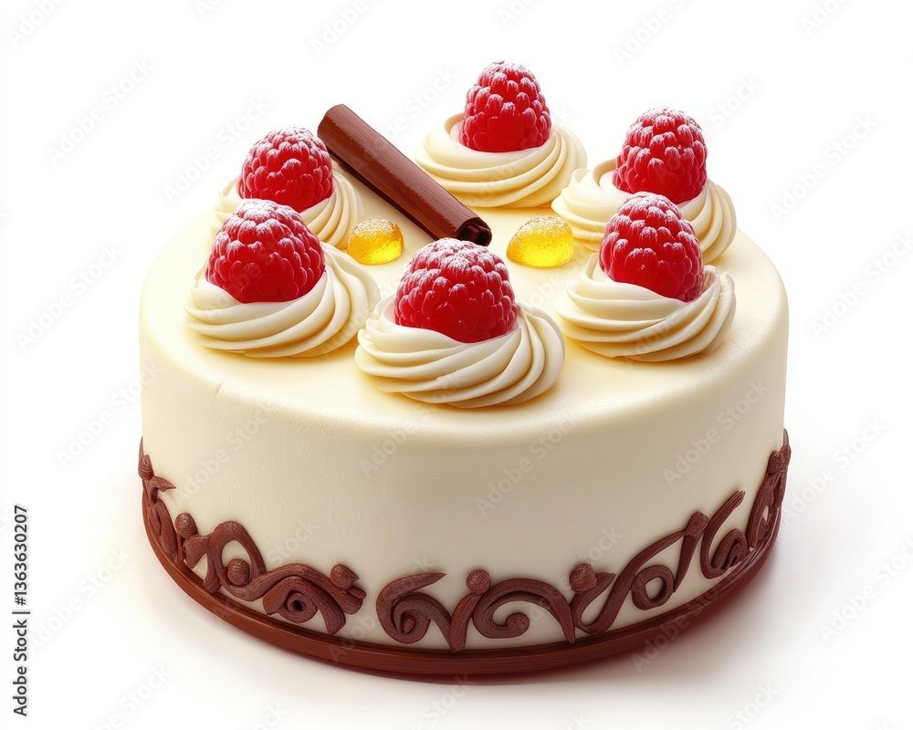 Delicious Cream Cake Topped with Raspberries and Cinnamon Stick Decoration Delicious Cream Cake Topped with Raspberries and Cinnamon Stick Decoration
