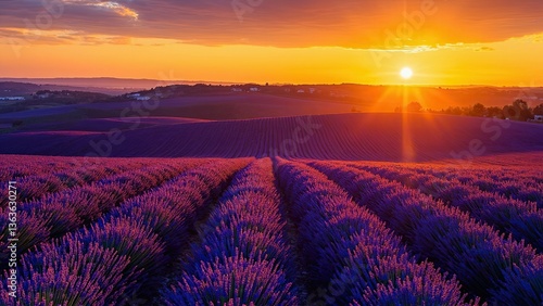 Lavender fields stretch under a setting sun  rows forming a vibrant purple expanse. The golden light from the horizon illuminates the lavender  contrasting beautifully with the orange and purple hues 