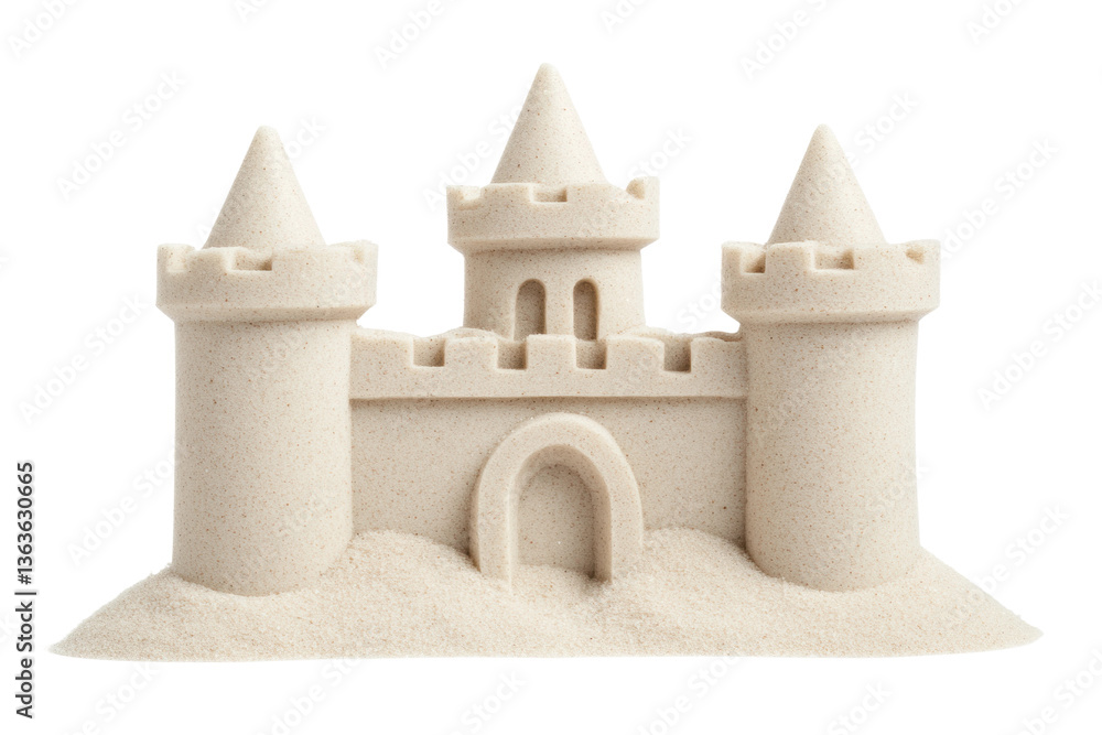 Intricate sandcastle with towers and arches on smooth sand, cut out Intricate sandcastle with towers and arches on smooth sand, cut out