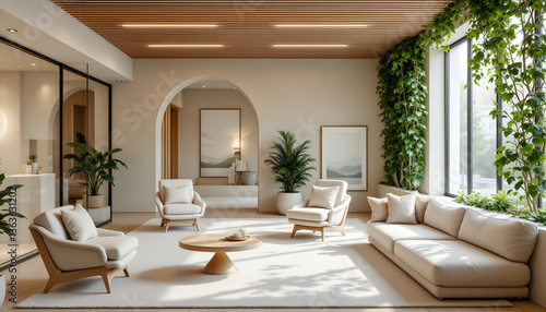 An interior featuring chairs around a table  a couch  and plants