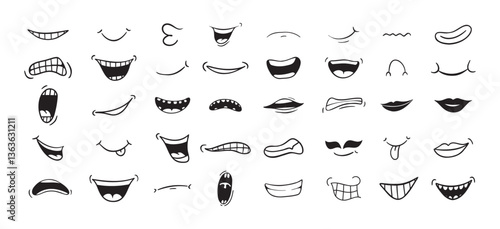 Cartoon mouth happy, smile, sad, angry expression doodle set. Hand drawn mouth, tongue caricature icon. Funny comic mouth collection 