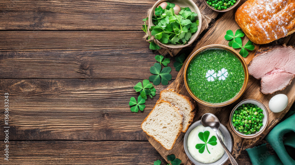 Traditional irish feast on rustic wooden table with clover decorations for st. patrick's day celebration Traditional irish feast on rustic wooden table with clover decorations for st. patrick's day celebration