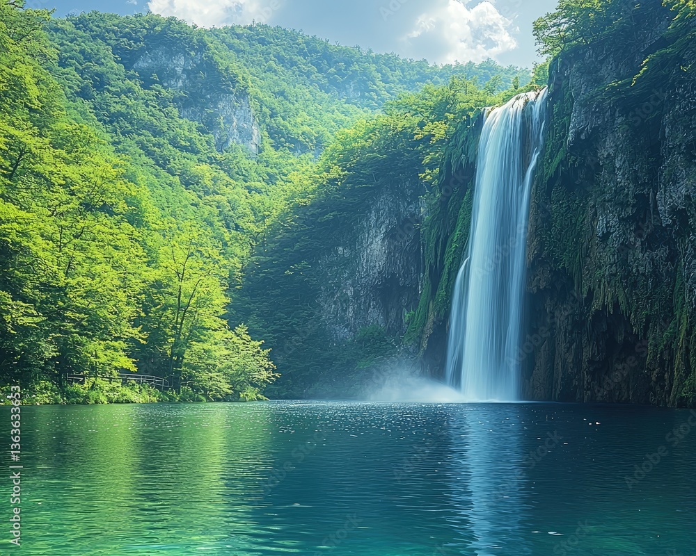 Fototapeta premium Serene waterfall cascading into a tranquil lake surrounded by lush greenery