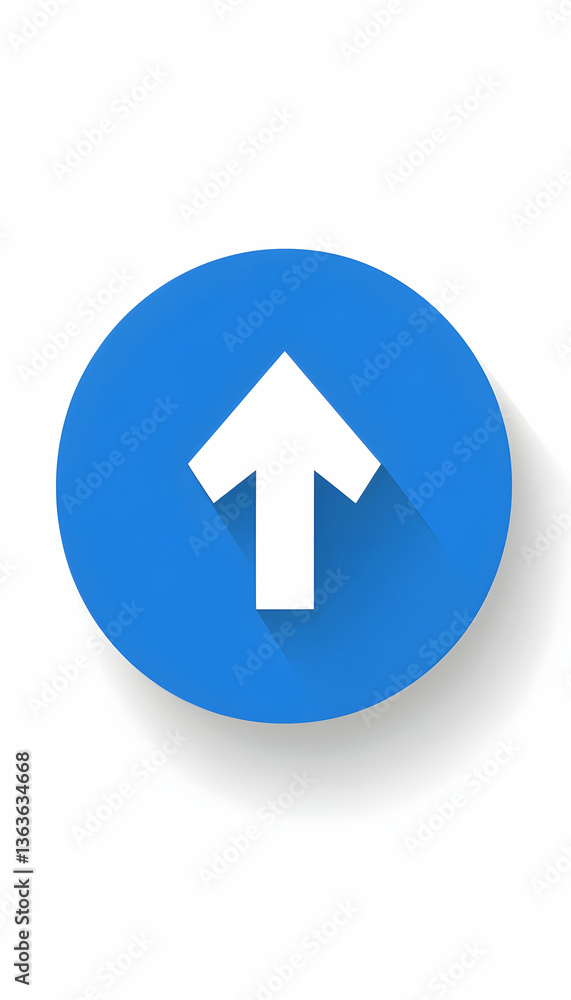 Upwards White arrow pointing up, on blue circle with drop shadow, isolated on white Upwards White arrow pointing up, on blue circle with drop shadow, isolated on white