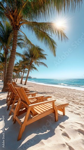 Tropical beach with palm trees and lounge chairs on white sand  sunny day
