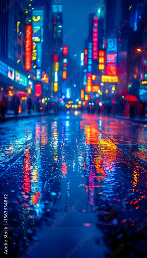 Naklejka premium Urban street scene at night, filled with bright, colorful lights reflecting off wet pavement