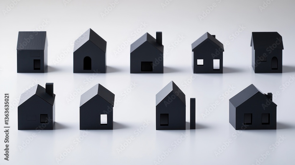 Ten black houses model on white surface, conceptual property real estate market Ten black houses model on white surface, conceptual property real estate market