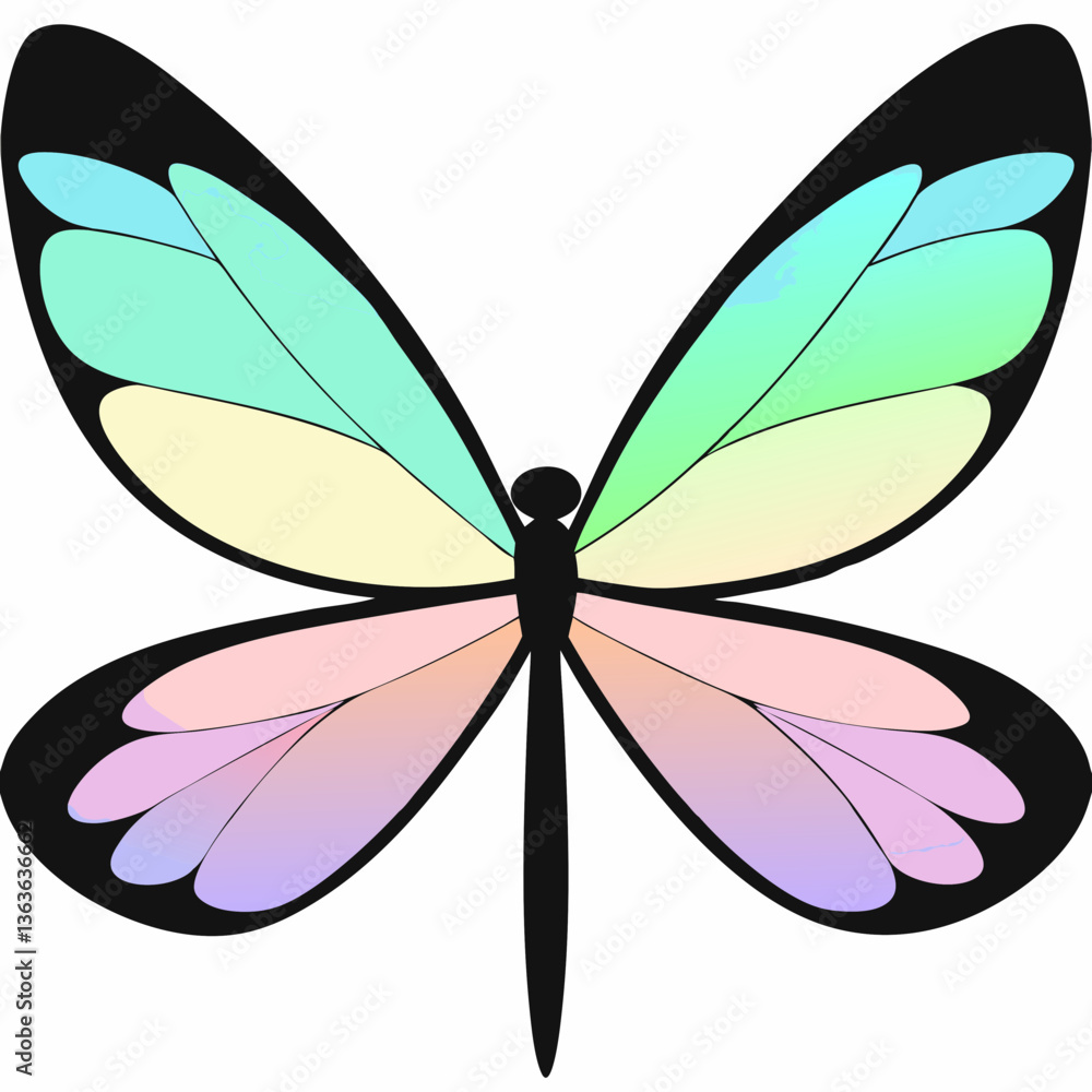 Stylized butterfly with gradient pastel wings outlined in black. Pink, purple, green, and yellow colors on simple dark body. Concept: children's products, spring celebrations, beauty brands. Stylized butterfly with gradient pastel wings outlined in black. Pink, purple, green, and yellow colors on simple dark body. Concept: children's products, spring celebrations, beauty brands.