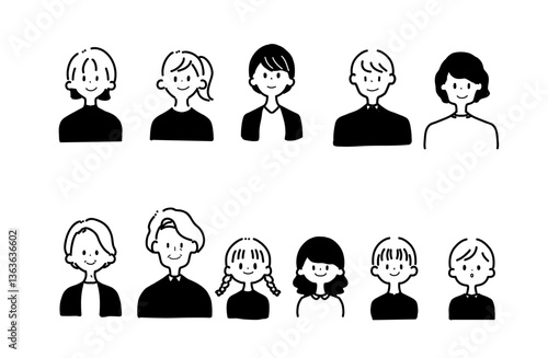 様々な世代の人々　線画　イラスト