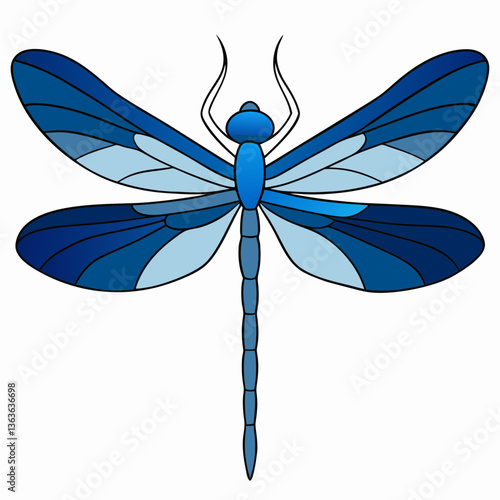 Stained glass style dragonfly in blue gradient tones with symmetrical extended wings. Frontal view with dark to light transitions . Concept: spiritual products, home decor, artistic endeavors