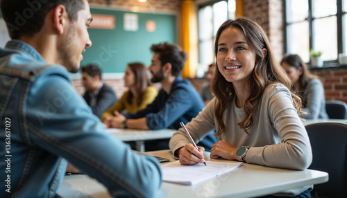 Successful female student celebrating exam results while interacting with young teacher in classroom