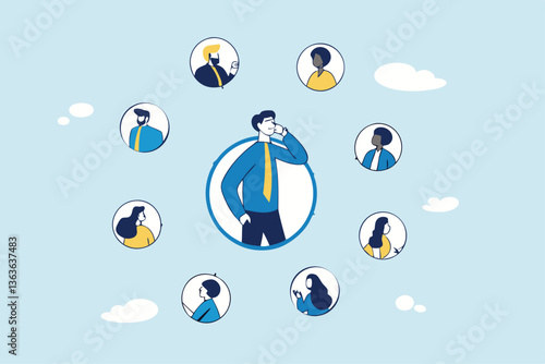 360 degree feedback, assessment or performance appraisal, customer review, testimonial or job networking, employee evaluation, rating or survey concept, businessman get feedback from colleagues.