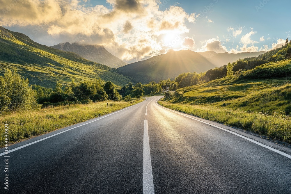 Naklejka premium Scenic mountain road at sunset. Vast, winding asphalt highway through verdant hills, leading towards a sunlit horizon, framed by majestic mountains