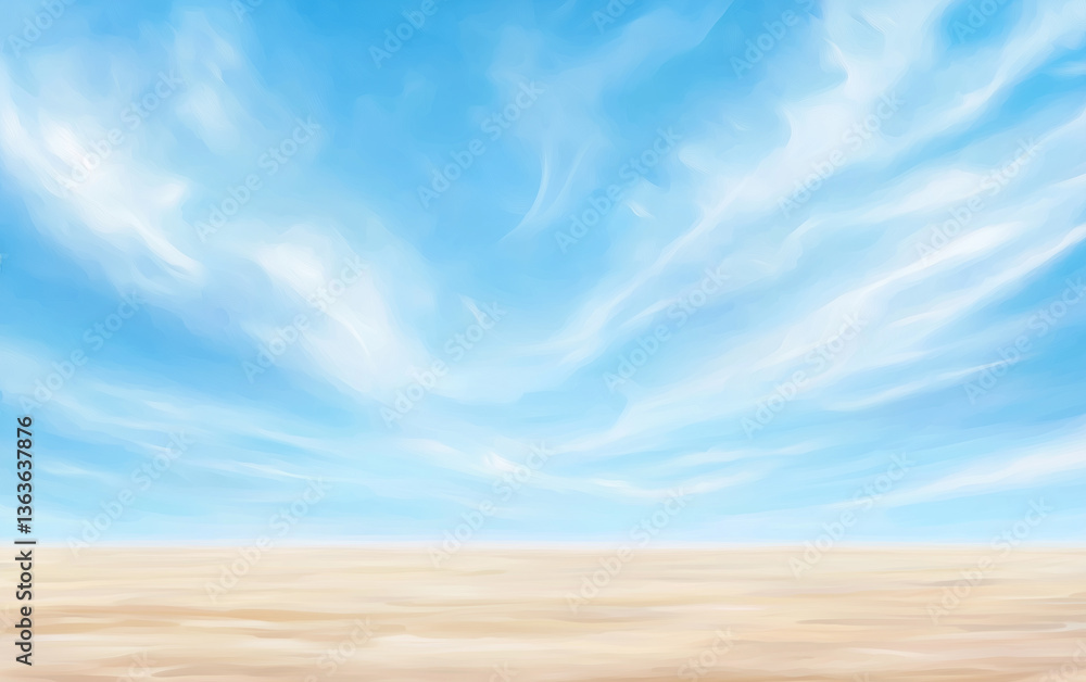 Naklejka premium Serene Beach Scene with Blue Sky and Wispy Clouds, Painted Style Background