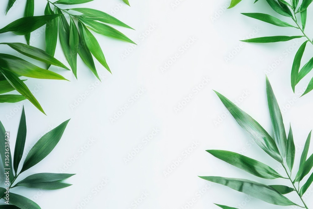 Fototapeta premium Green Bamboo Leaves Creating a Natural Frame on a White Background