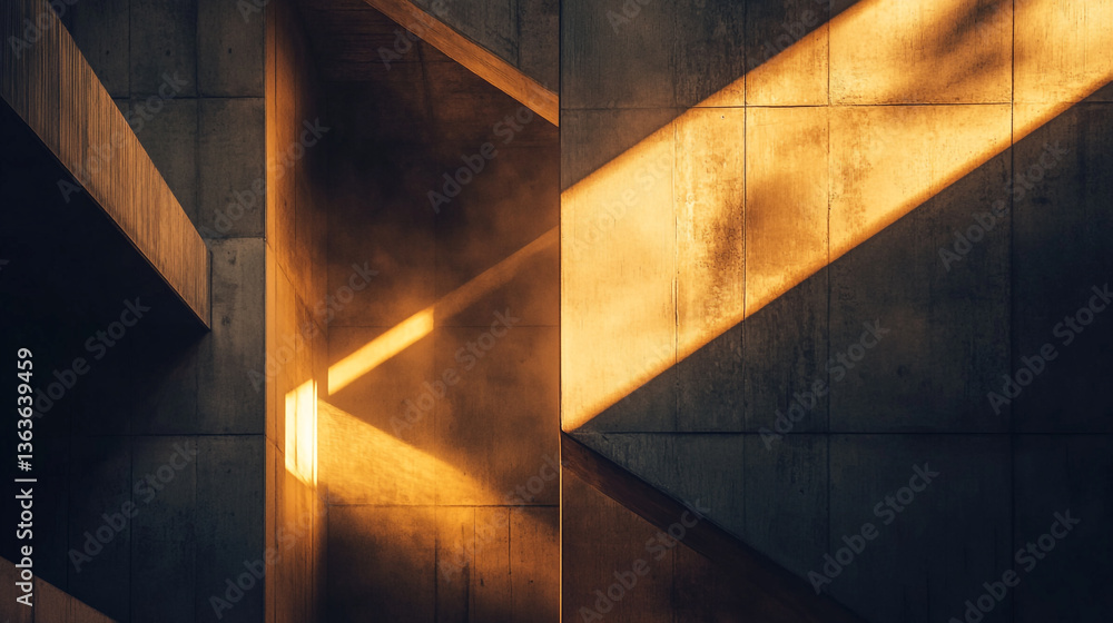 A view of sunlight shining through concrete beams creating shadows and light patterns on the wall A view of sunlight shining through concrete beams creating shadows and light patterns on the wall
