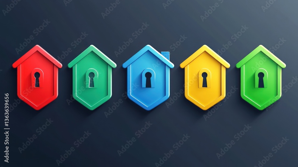 Colorful houses with keyholes, dark background, home security concept, website banner Colorful houses with keyholes, dark background, home security concept, website banner