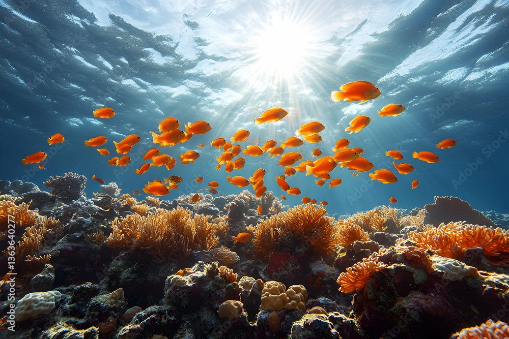 Obraz premium Vibrant marine life swims over colorful coral reef under a sunny surface