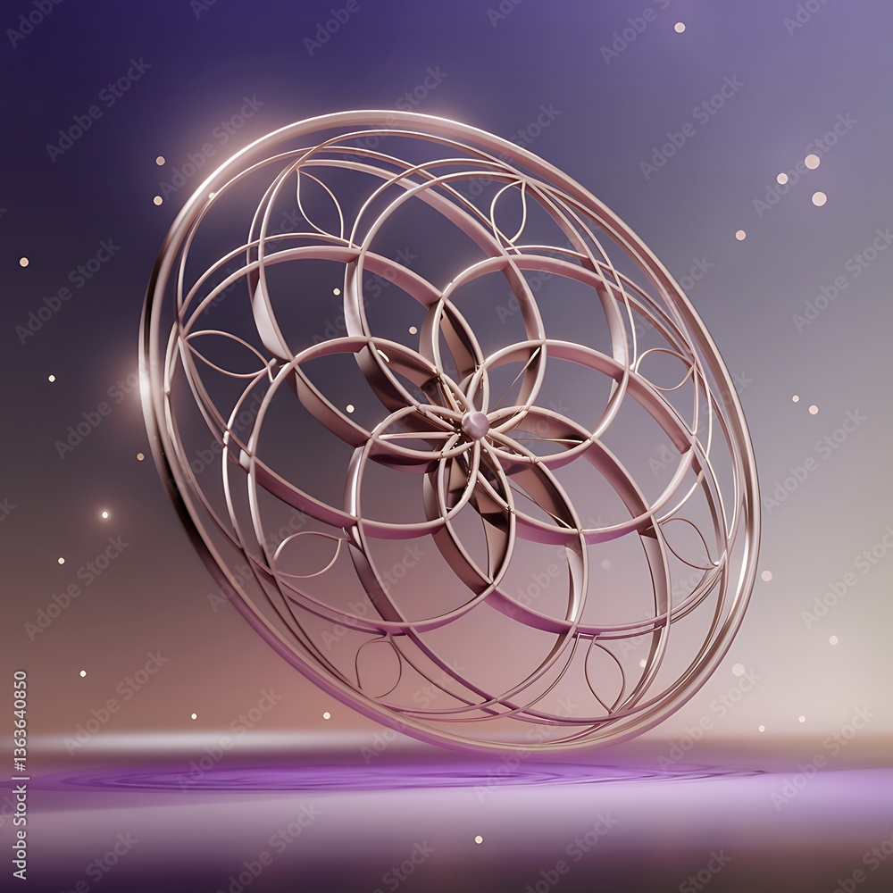 Naklejka premium Mesmerizing geometric pattern radiating sacred harmony on a celestial gradient background from deep purple to soft pink adorned with interlocking floral formations and glowing cosmic dots