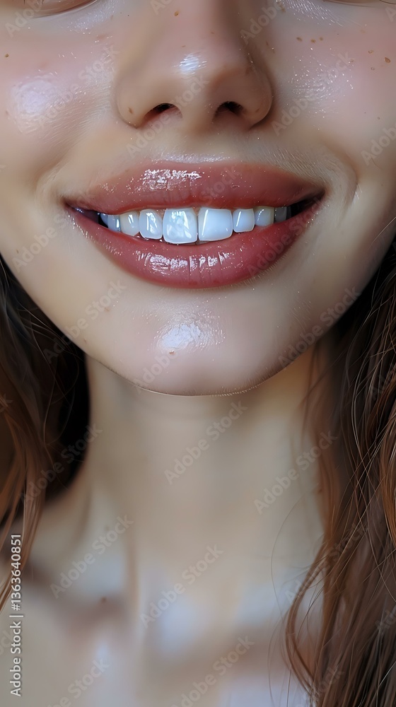 Close-up of radiant smile showing healthy white teeth and glossy pink lips against smooth skin, highlighting natural dental aesthetics and oral care. Close-up of radiant smile showing healthy white teeth and glossy pink lips against smooth skin, highlighting natural dental aesthetics and oral care.