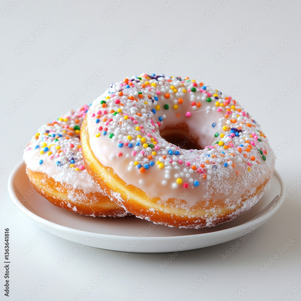 Sprinkled and Powdered Sugar Donuts on White Plate Sprinkled and Powdered Sugar Donuts on White Plate