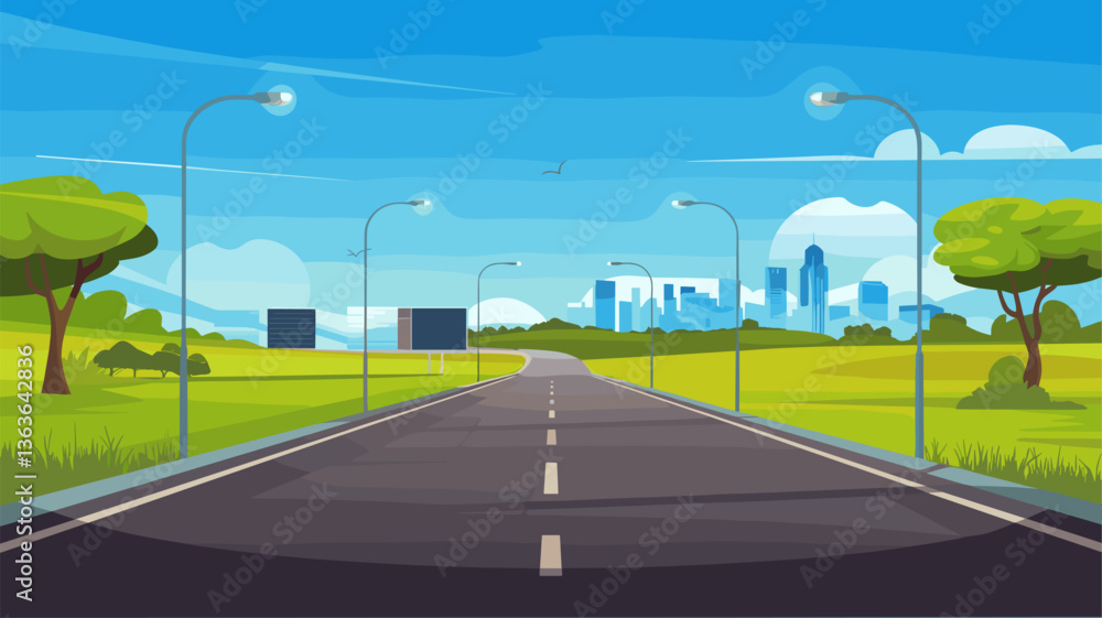 A beautiful, digital illustration of an empty road leading toward a city skyline, surrounded by lush greenery and bright blue skies. A beautiful, digital illustration of an empty road leading toward a city skyline, surrounded by lush greenery and bright blue skies.