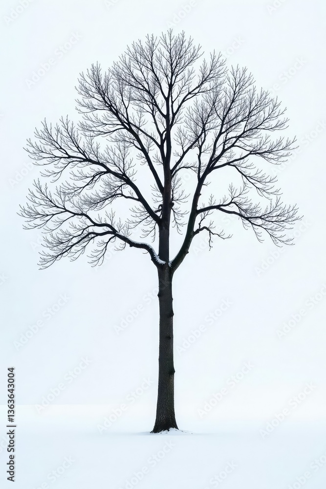 Obraz premium Tall isolated tree on white snowy landscape with bare branches, nature, solitude, snow