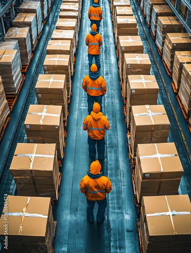 Warehouse aisle with people walking between stacked boxes