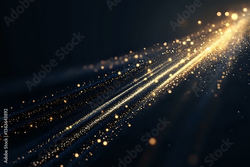 Glowing golden light trails with sparkling particles flowing diagonally across dark background, creating magical atmosphere for festive designs.