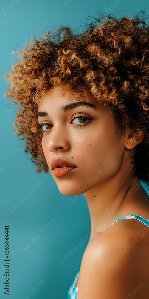 Fototapeta premium Young mixed race woman with natural curly hair and coral lipstick in profile view against turquoise background, wearing minimal summer attire. Professional beauty portrait.