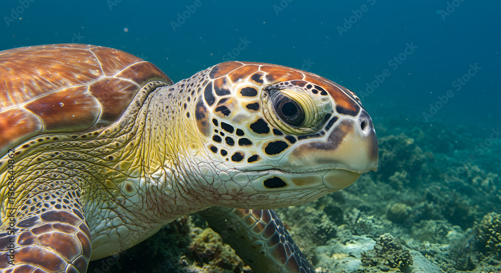 Fototapeta premium Close-up of a Green Sea Turtle Head with Reef Reflection in its Eye