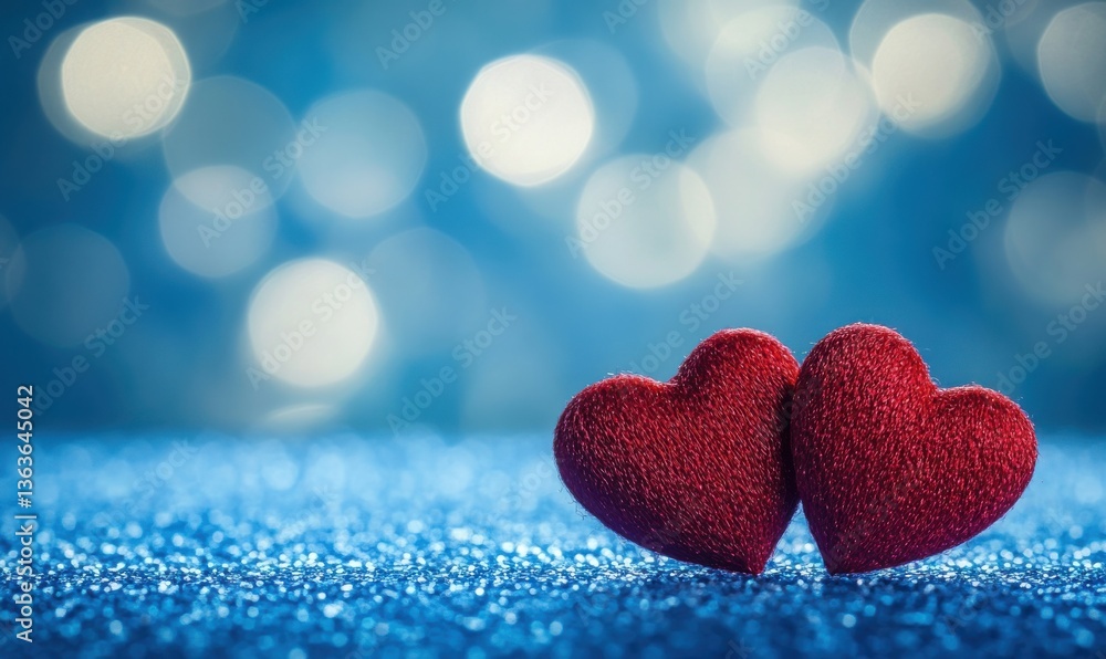 Obraz premium Two red sparkling hearts placed on a blue surface with a bokeh effect in the background, creating a romantic and festive atmosphere