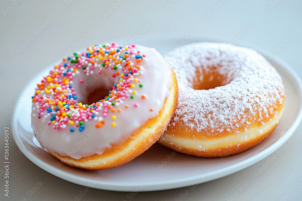 Sprinkled and Powdered Sugar Donuts on White Plate Sprinkled and Powdered Sugar Donuts on White Plate