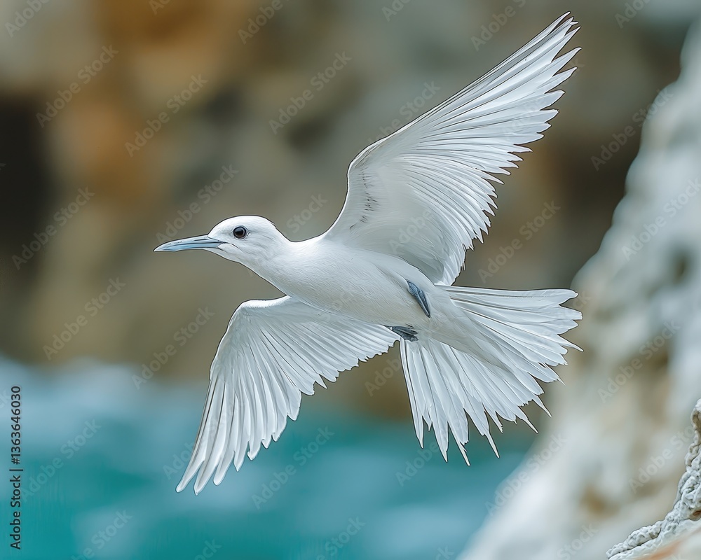 Obraz premium Elegant white bird in mid-flight over turquoise waters near rocky coastline