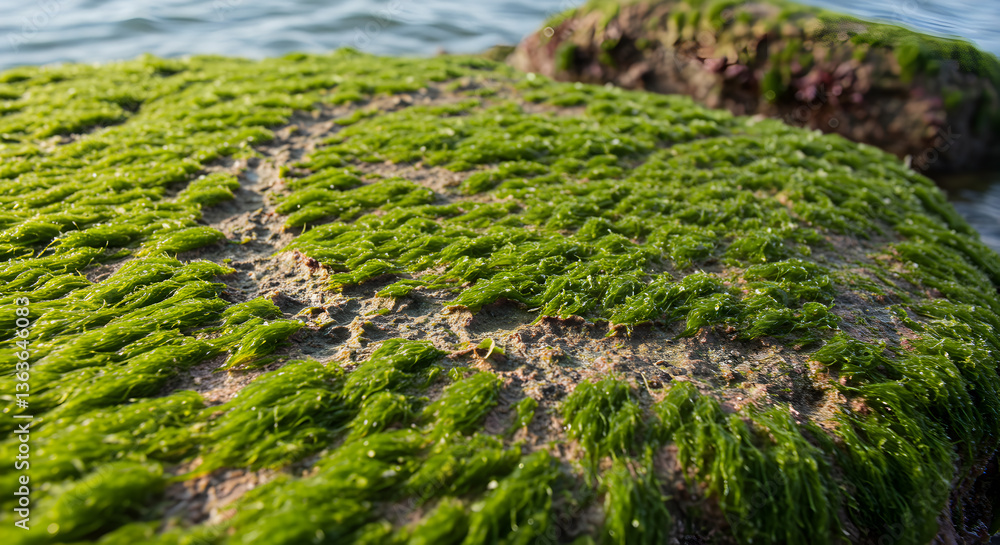 Close-up of sea rock covered with vibrant green algae in a coastal environment Close-up of sea rock covered with vibrant green algae in a coastal environment