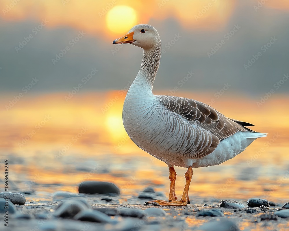 Graceful goose standing by the water at sunset, with vibrant colors reflecting Graceful goose standing by the water at sunset, with vibrant colors reflecting