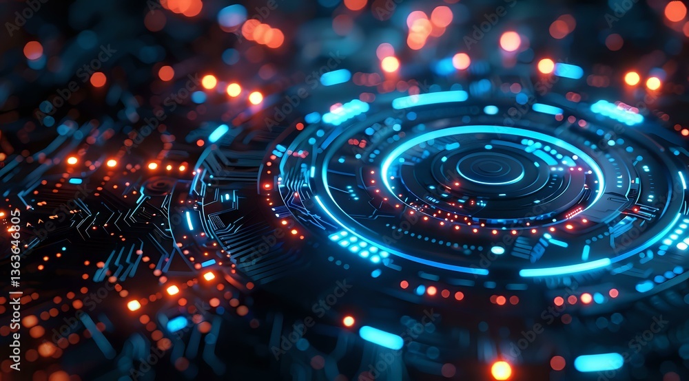 Futuristic circular technology interface with glowing blue and red lights on circuit board background, creating dynamic digital visualization pattern. Futuristic circular technology interface with glowing blue and red lights on circuit board background, creating dynamic digital visualization pattern.