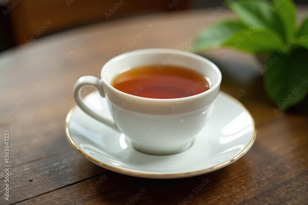 Tea in a delicate white ceramic cup resting on a wooden table, cup, table Tea in a delicate white ceramic cup resting on a wooden table, cup, table