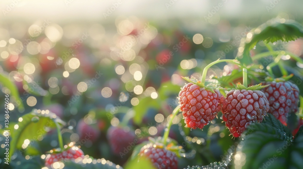 Fresh Raspberries in Sunlight with Dew Drops CloseUp Photography for Food and Nature Themes Fresh Raspberries in Sunlight with Dew Drops CloseUp Photography for Food and Nature Themes
