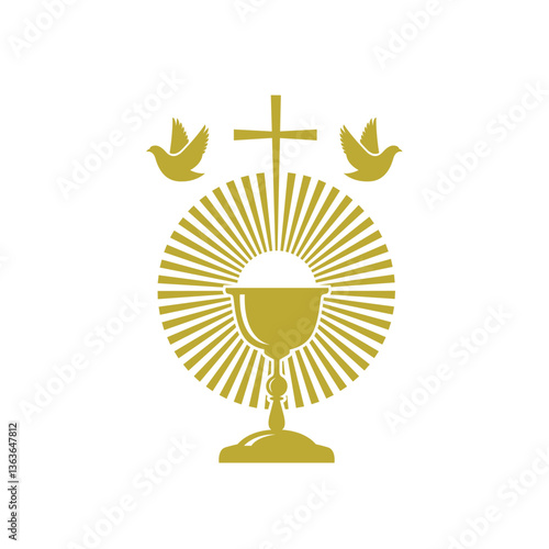 golden holy communion icon with chalice and doves isolated on white background
